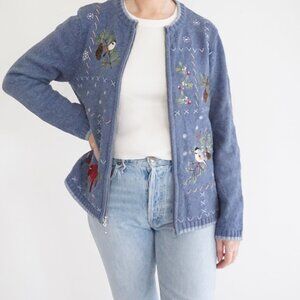 Vintage Croft & Barrow Bird Embroidered Zip Cardigan Grandmacore Cottagecore S